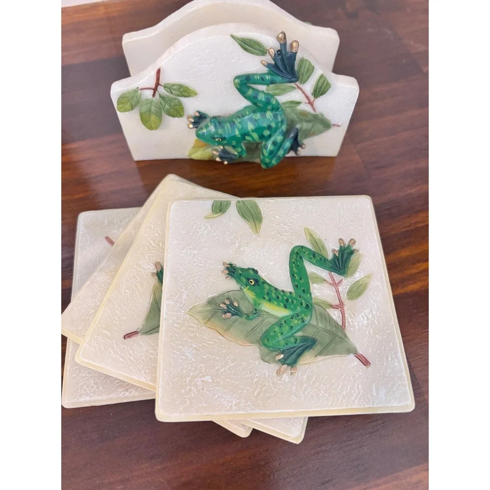Vintage Frog Coaster Set 4 Hand Painted Ceramic Botanical Nature Cottagecore